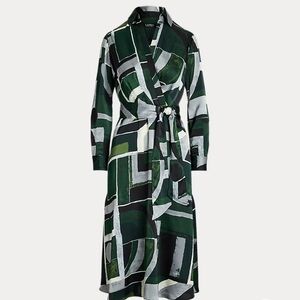 Lauren Ralph Lauren Green Black White Geometric Long Sleeve Wrap Dress
